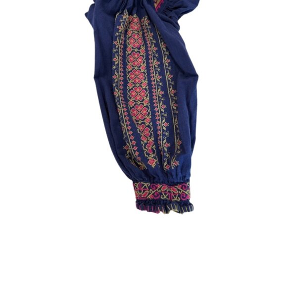 Free People Boho Embroidered Crop Top Navy Blue Peasant Blouse Medium - Picture 7 of 10